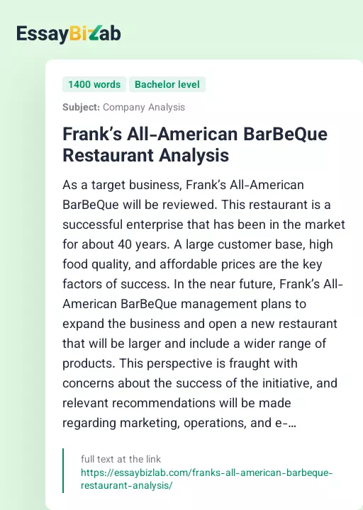 Frank’s All-American BarBeQue Restaurant Analysis - Essay Preview