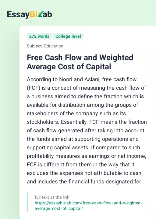 Free Cash Flow and Weighted Average Cost of Capital - Essay Preview