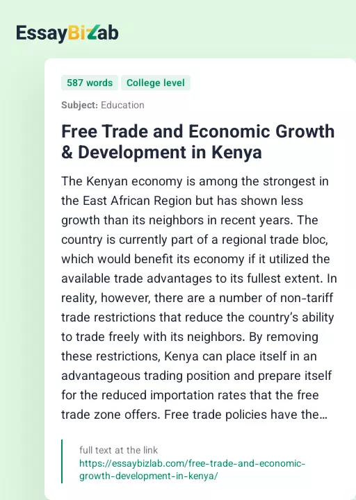 Free Trade and Economic Growth & Development in Kenya - Essay Preview