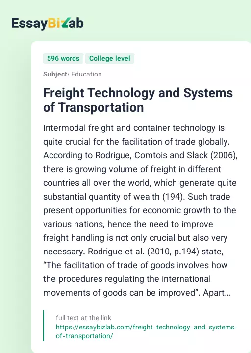 Freight Technology and Systems of Transportation - Essay Preview