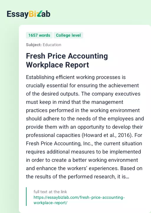 Fresh Price Accounting Workplace Report - Essay Preview
