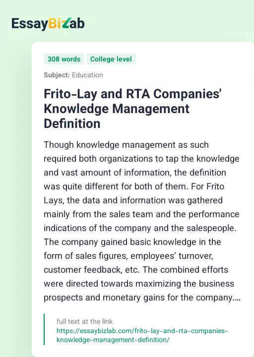 Frito-Lay and RTA Companies' Knowledge Management Definition - Essay Preview