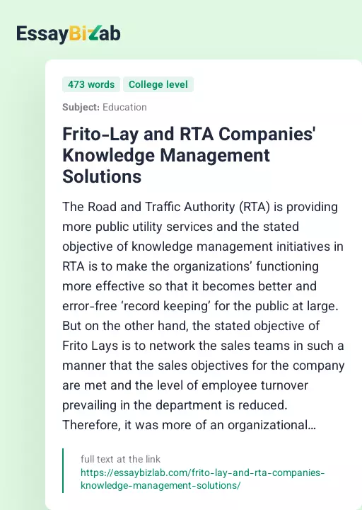 Frito-Lay and RTA Companies' Knowledge Management Solutions - Essay Preview