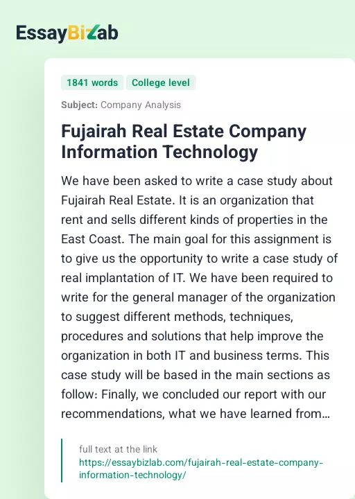 Fujairah Real Estate Company Information Technology - Essay Preview