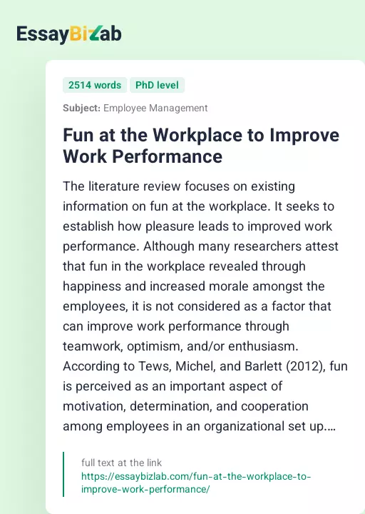 Fun at the Workplace to Improve Work Performance - Essay Preview