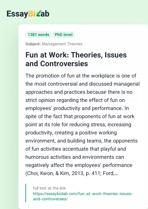 Fun at Work: Theories, Issues and Controversies - Essay Preview
