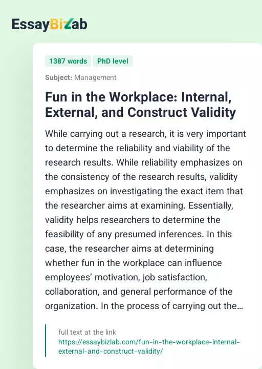 Fun in the Workplace: Internal, External, and Construct Validity - Essay Preview