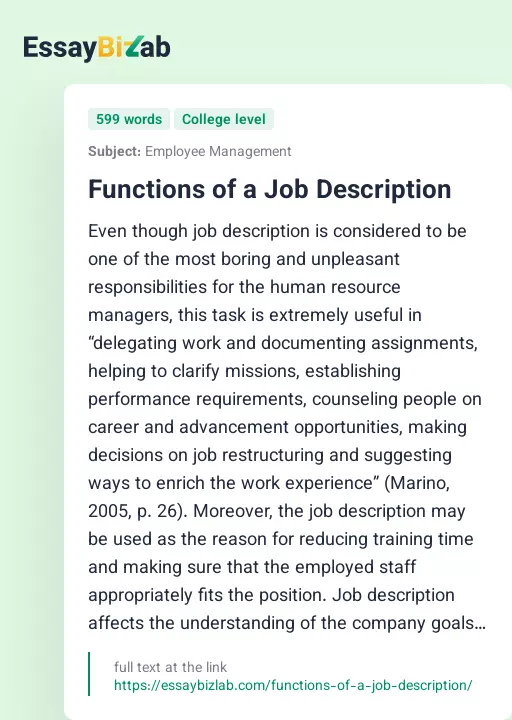 Functions of a Job Description - Essay Preview