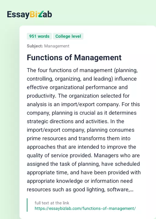 Functions of Management - Essay Preview
