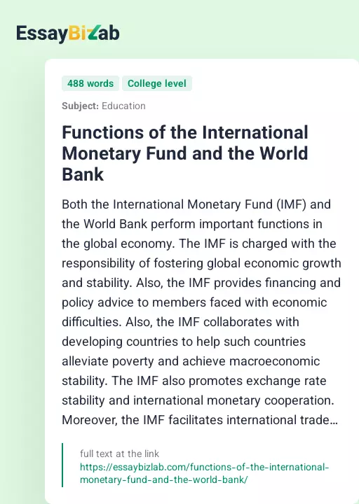 Functions of the International Monetary Fund and the World Bank - Essay Preview