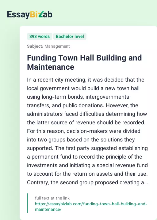 Funding Town Hall Building and Maintenance - Essay Preview
