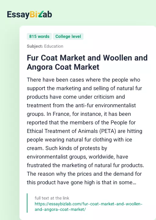Fur Coat Market and Woollen and Angora Coat Market - Essay Preview