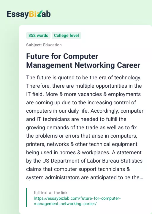 Future for Computer Management Networking Career - Essay Preview