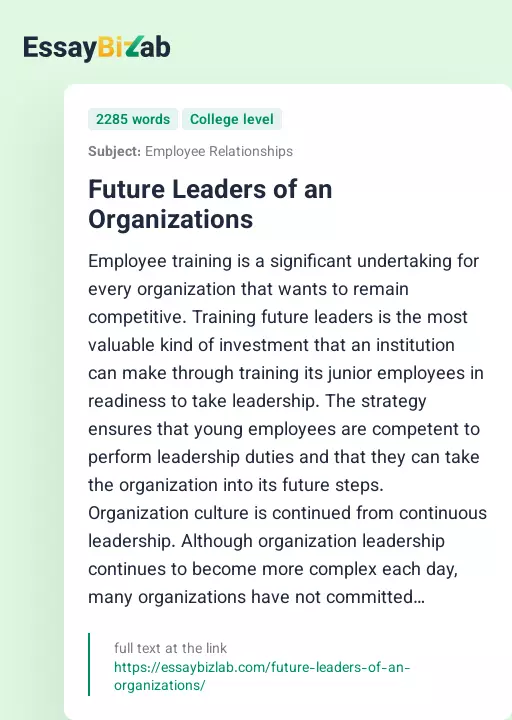 Future Leaders of an Organizations - Essay Preview