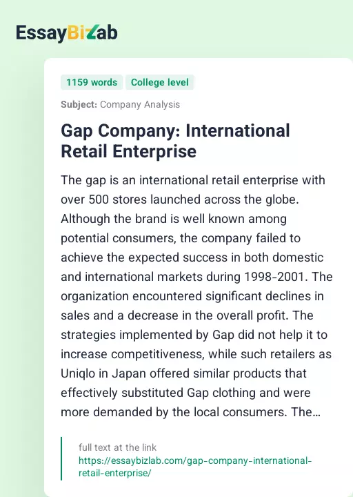 Gap Company: International Retail Enterprise - Essay Preview
