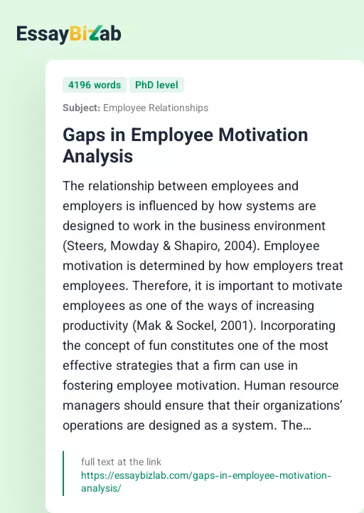 Gaps in Employee Motivation Analysis - Essay Preview