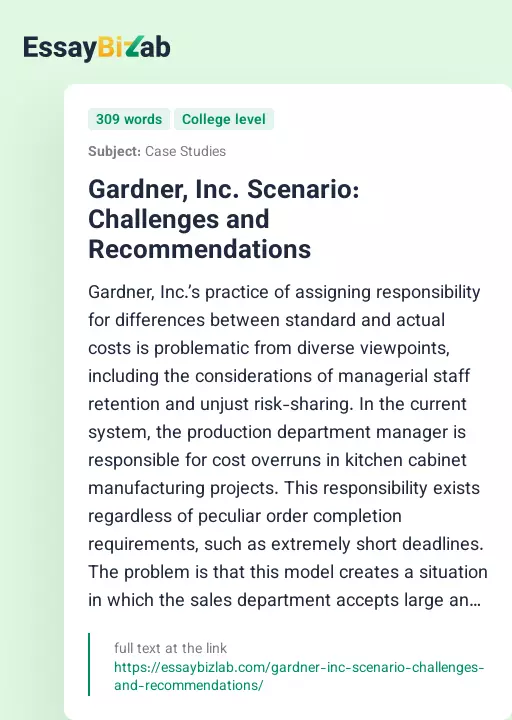 Gardner, Inc. Scenario: Challenges and Recommendations - Essay Preview