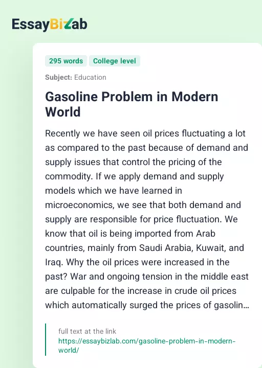 Gasoline Problem in Modern World - Essay Preview