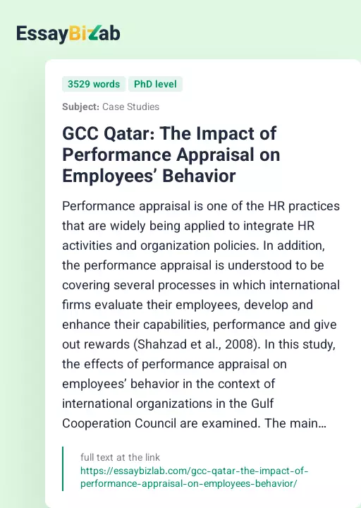 GCC Qatar: The Impact of Performance Appraisal on Employees’ Behavior - Essay Preview