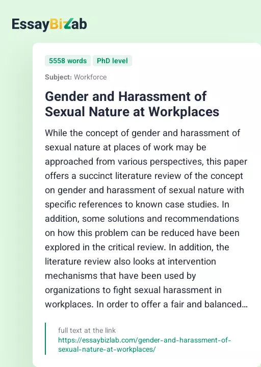 Gender and Harassment of Sexual Nature at Workplaces - Essay Preview