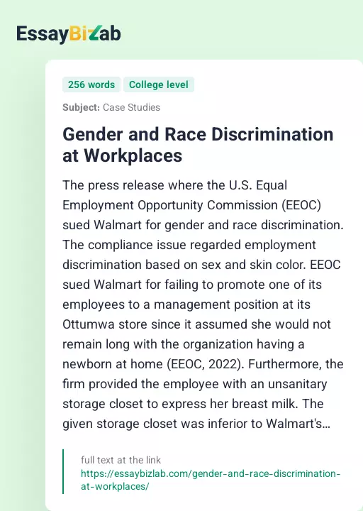 Gender and Race Discrimination at Workplaces - Essay Preview