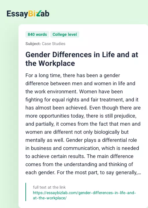 Gender Differences in Life and at the Workplace - Essay Preview