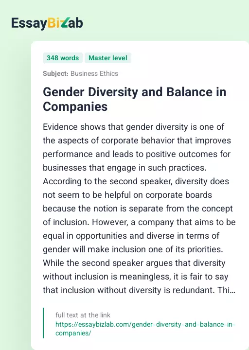 Gender Diversity and Balance in Companies - Essay Preview