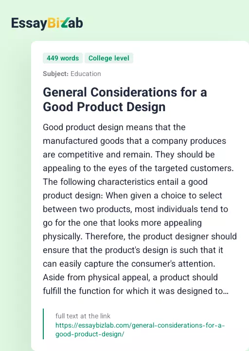 General Considerations for a Good Product Design - Essay Preview