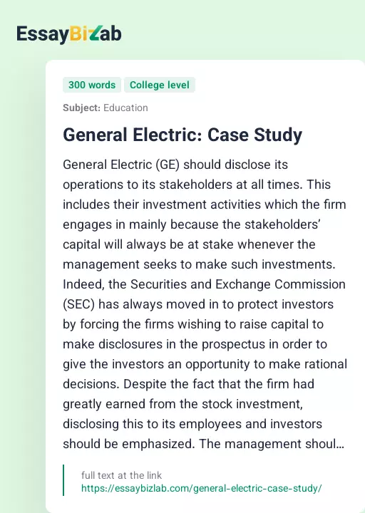 General Electric: Case Study - Essay Preview