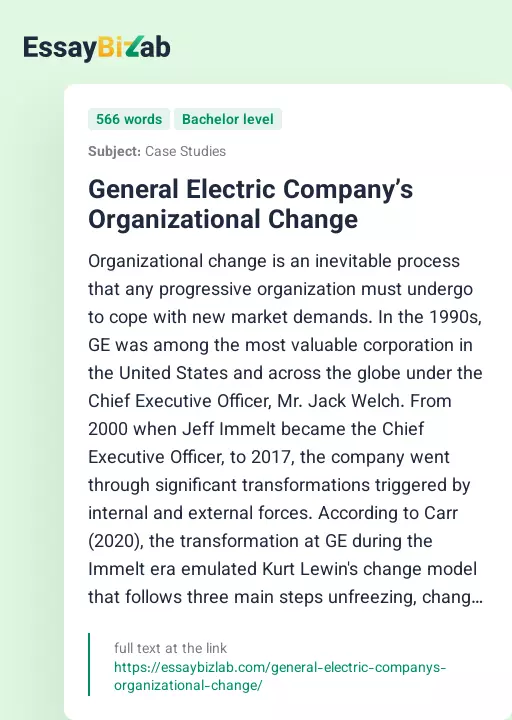 General Electric Company’s Organizational Change - Essay Preview