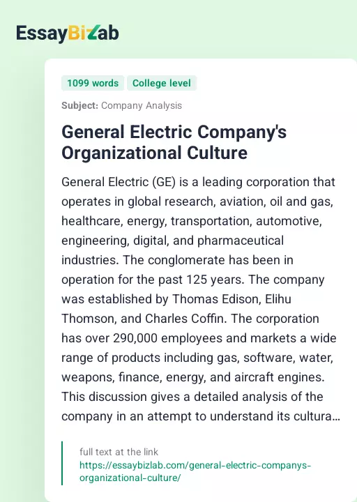 General Electric Company's Organizational Culture - Essay Preview