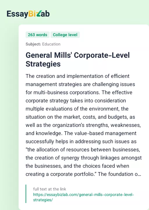 General Mills' Corporate-Level Strategies - Essay Preview
