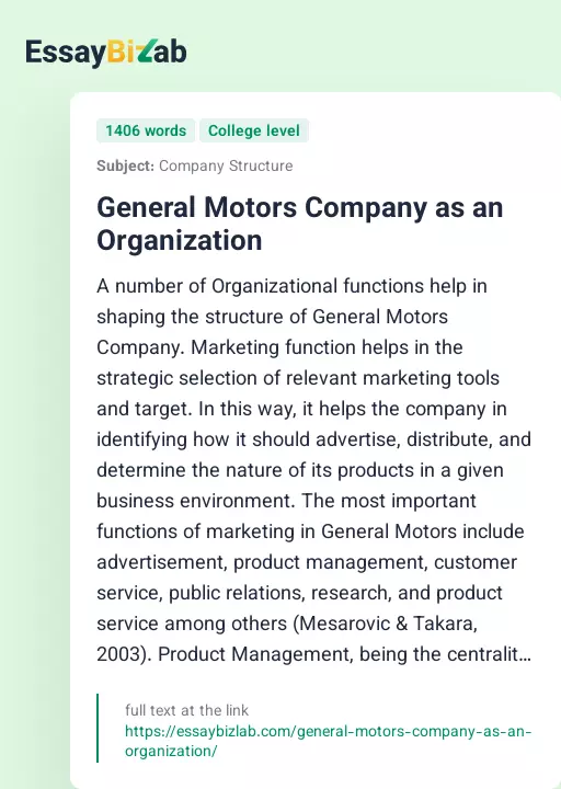 General Motors Company as an Organization - Essay Preview