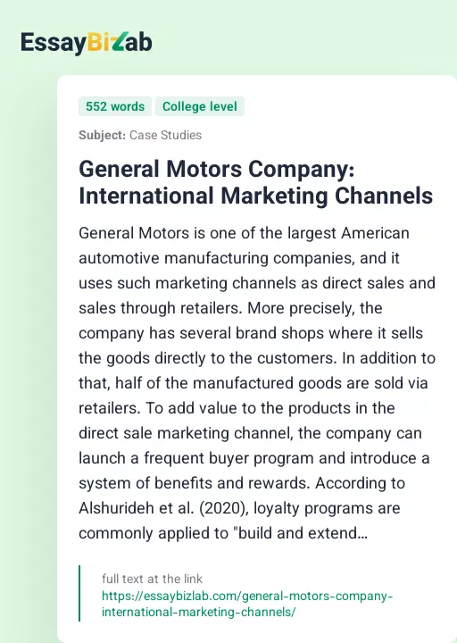 General Motors Company: International Marketing Channels - Essay Preview