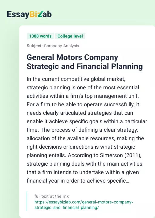 General Motors Company Strategic and Financial Planning - Essay Preview