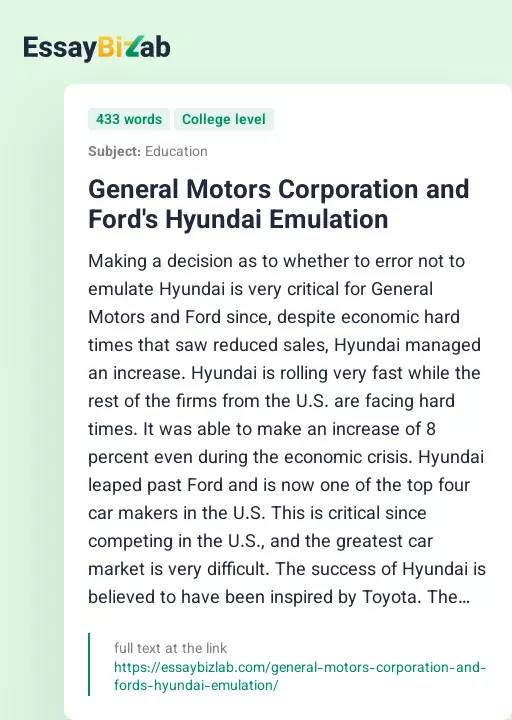 General Motors Corporation and Ford's Hyundai Emulation - Essay Preview
