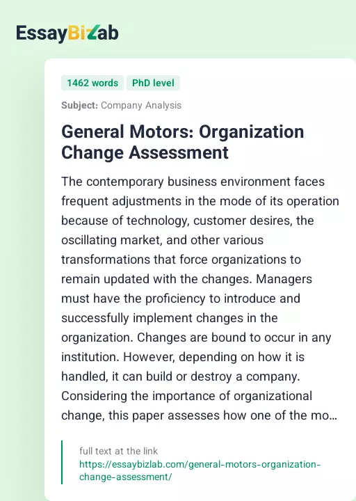 General Motors: Organization Change Assessment - Essay Preview