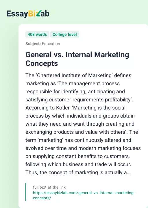 General vs. Internal Marketing Concepts - Essay Preview