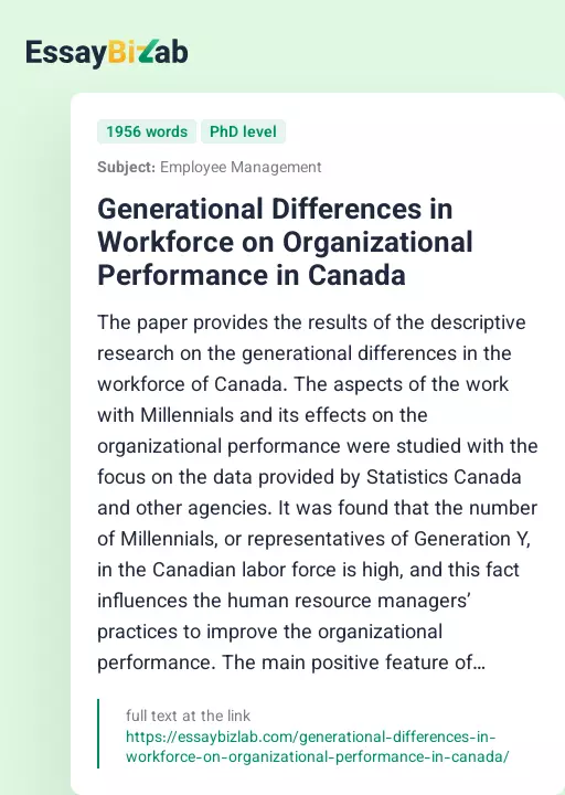 Generational Differences in Workforce on Organizational Performance in Canada - Essay Preview
