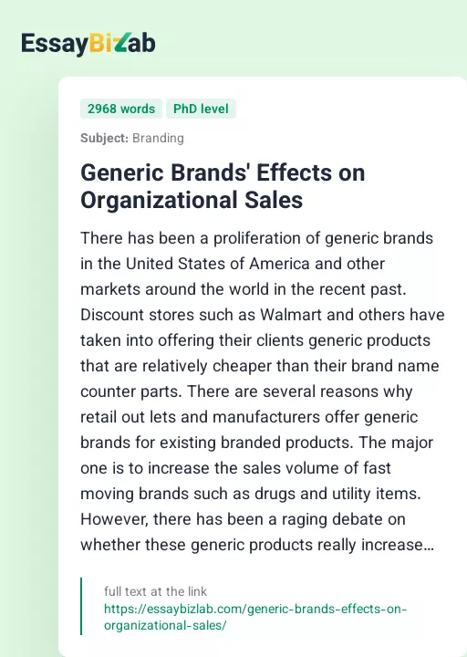 Generic Brands' Effects on Organizational Sales - Essay Preview