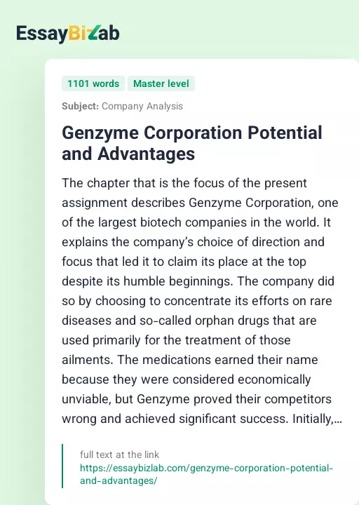 Genzyme Corporation Potential and Advantages - Essay Preview