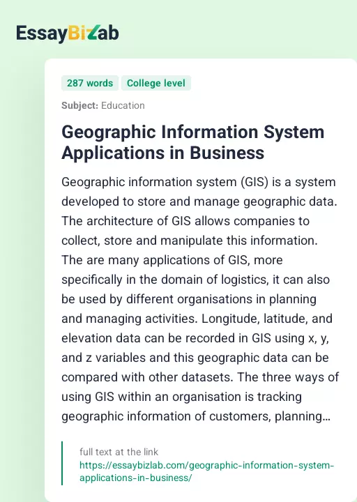 Geographic Information System Applications in Business - Essay Preview
