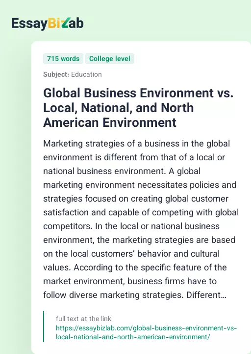 Global Business Environment vs. Local, National, and North American Environment - Essay Preview