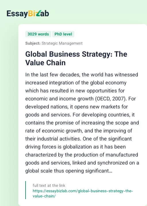 Global Business Strategy: The Value Chain - Essay Preview