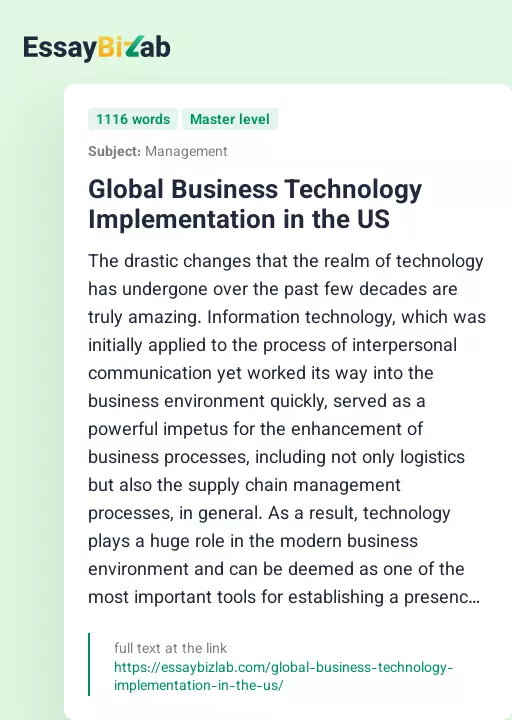 Global Business Technology Implementation in the US - Essay Preview