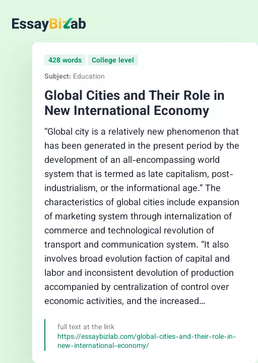 Global Cities and Their Role in New International Economy - Essay Preview