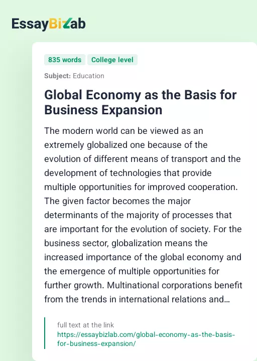 Global Economy as the Basis for Business Expansion - Essay Preview