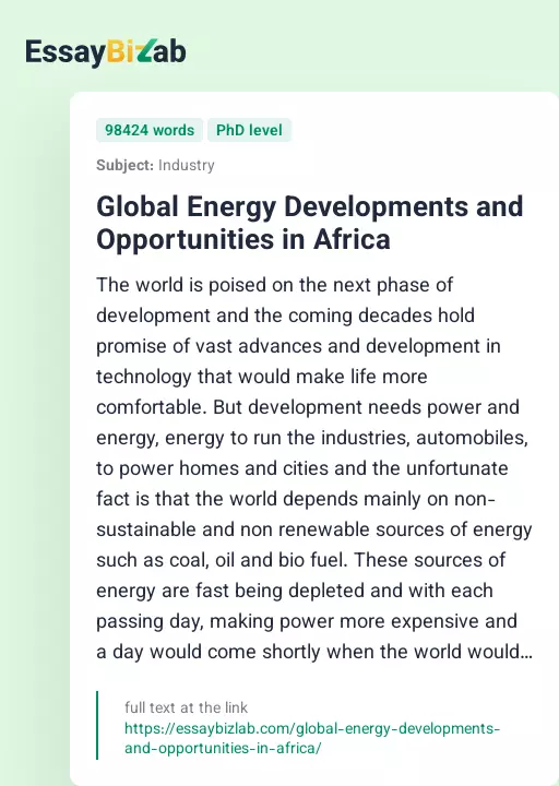 Global Energy Developments and Opportunities in Africa - Essay Preview