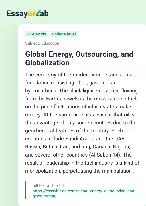 Global Energy, Outsourcing, and Globalization - Essay Preview