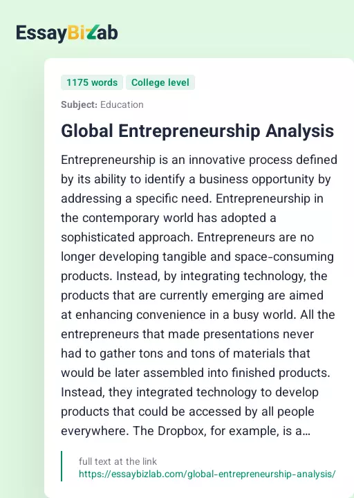 Global Entrepreneurship Analysis - Essay Preview